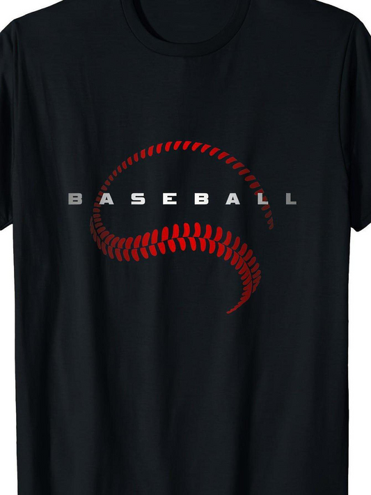 Men's Graphic T-Shirt Baseball Red Stitched Curve With Highlights On Minimalist Black T Shirt Baseball