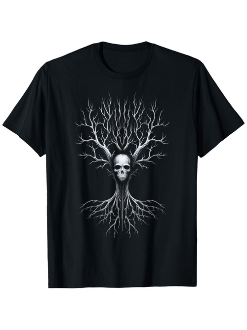 Men's Graphic T-Shirt Haunting Branches With Ghostly Roots Enveloping Mysterious Bare Tree Skull
