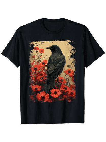 Men's Graphic T-Shirt Dark Raven Among Crimson Wildflowers Under Golden Light Raven
