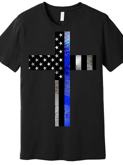 Men's Graphic T-Shirt American Flag Patterned Cross With Blue And White Grunge Print Symbol