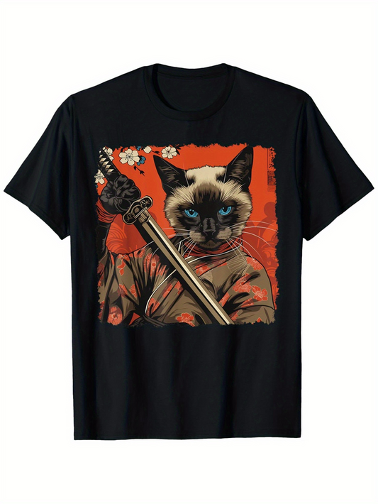 Men's Graphic T-Shirt Cherry Blossom Samurai Cat Holding A Sword Under Red Sunset