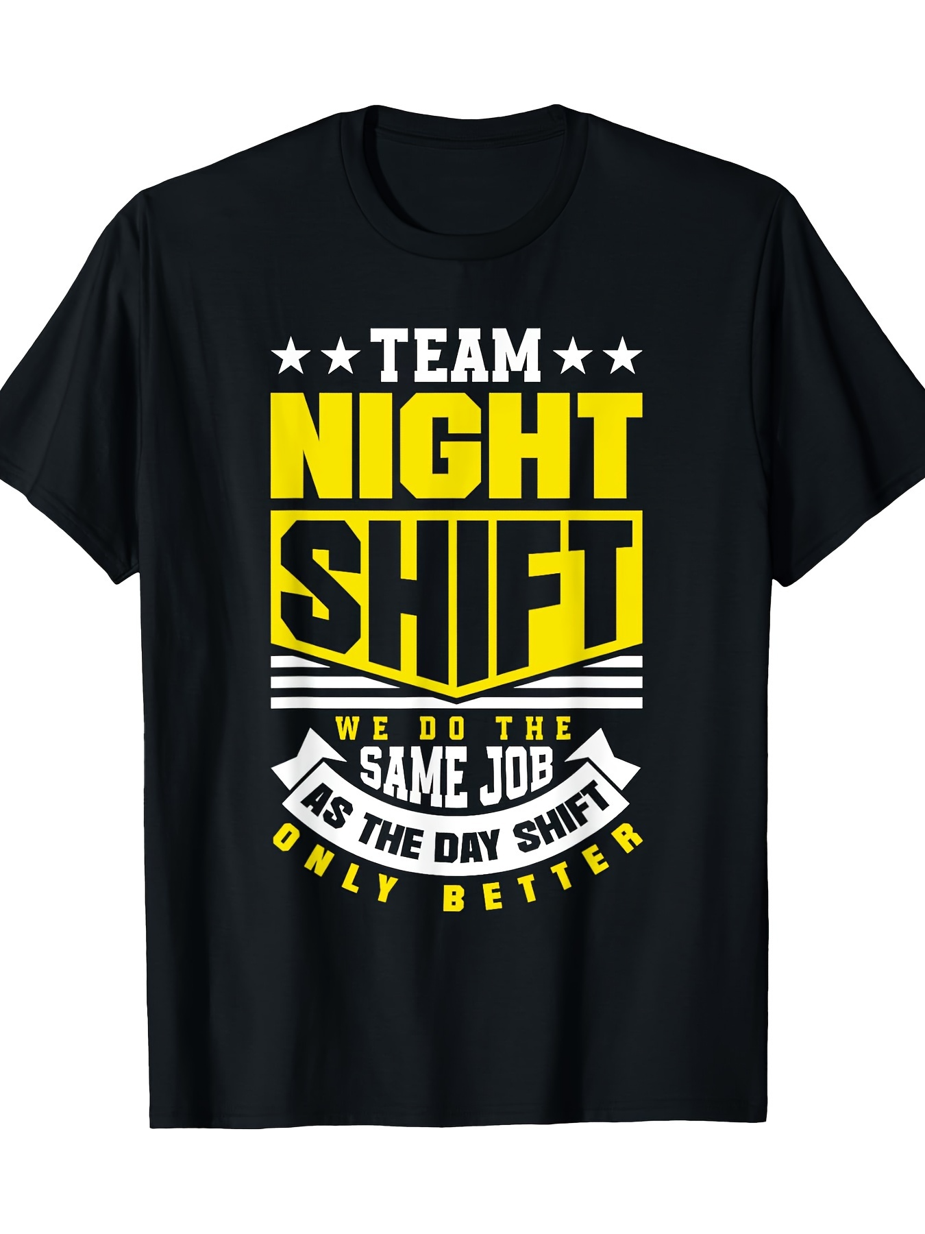 Men's Graphic T-Shirt Team Night Shift With Bold Yellow Letters And Motivational Slogan Over Black Fabric