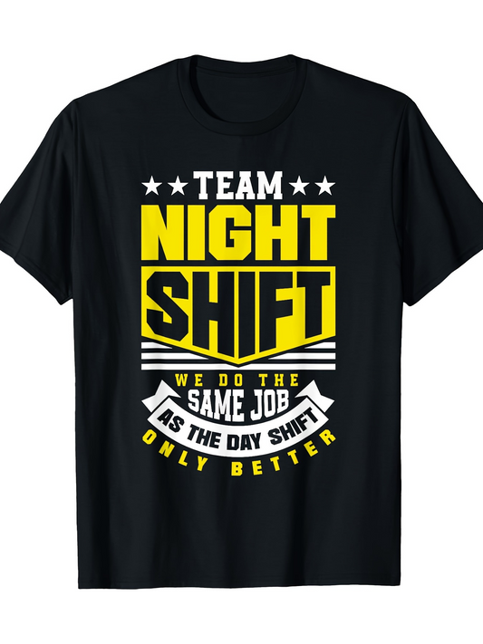Men's Graphic T-Shirt Team Night Shift With Bold Yellow Letters And Motivational Slogan Over Black Fabric