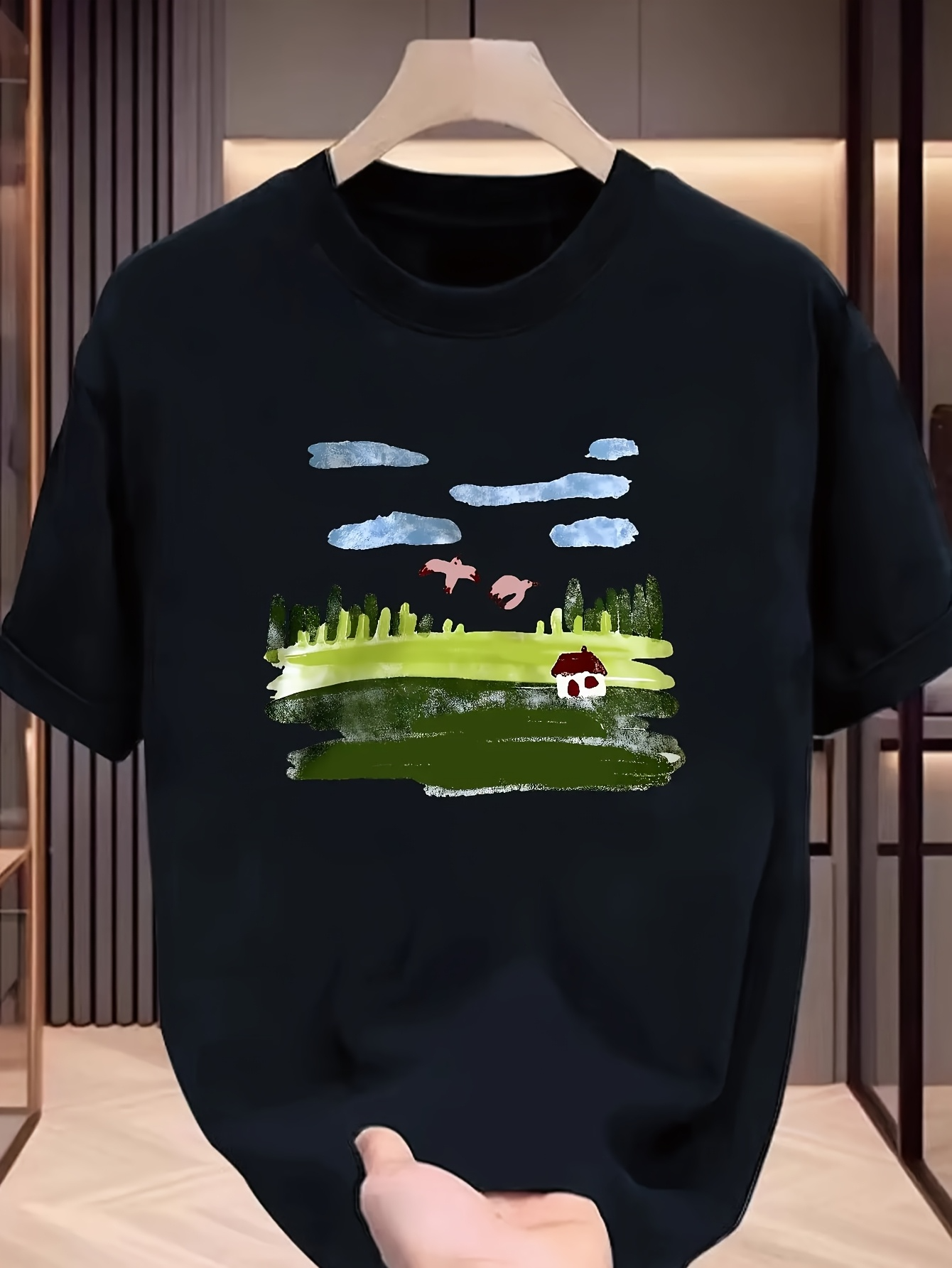 Men's Graphic T-Shirt Open Meadow With Trees And Flying Birds Under Blue Sky Mushroom