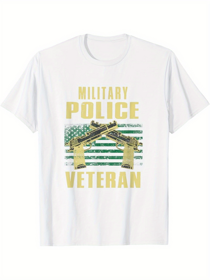Men's Graphic T-Shirt Military Police Veteran Two Gold Pistols Crossed Over Distressed American Flag