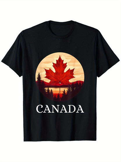 Men's Graphic T-Shirt Canada Sunset Mountain Landscape With Silhouetted Pine Trees And Maple Leaf