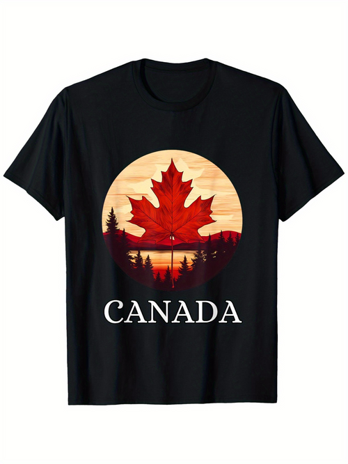 Men's Graphic T-Shirt Canada Sunset Mountain Landscape With Silhouetted Pine Trees And Maple Leaf