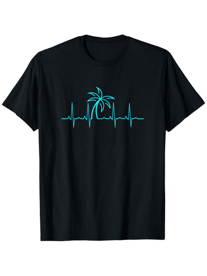 Men's Graphic T-Shirt Heartbeat Line With Palm Tree And Calm Beach Sunset