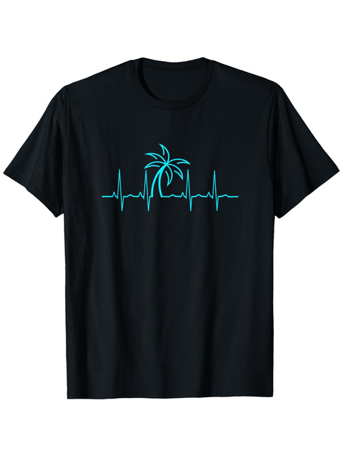 Men's Graphic T-Shirt Heartbeat Line With Palm Tree And Calm Beach Sunset