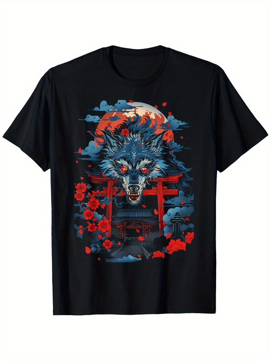 Men's Graphic T-Shirt Blood Moon Clouds With Red Torii Flowers Surrounding Fierce Wolf Head
