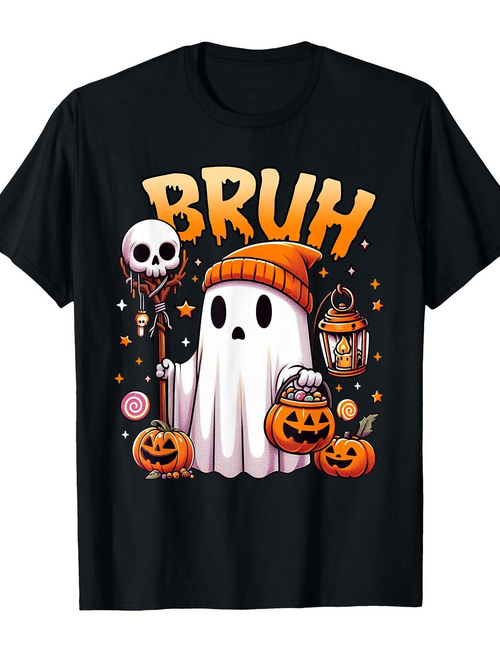 Men's Graphic T-Shirt Bruh Halloween Pumpkins Lanterns and Candy Ghost