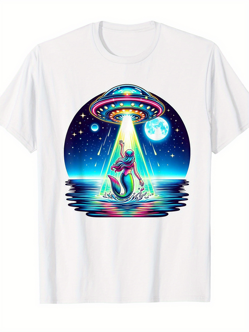 Men's Graphic T-Shirt Luminous Night With Shining Moonlight Reflecting On Calm Water Alien Spaceship