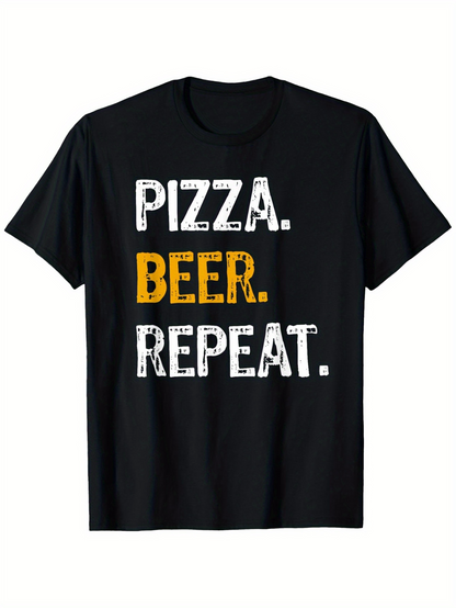Men's Graphic T-Shirt Pizza Beer Repeat Bold Statement With Contrasting Blocky White Yellow Letters