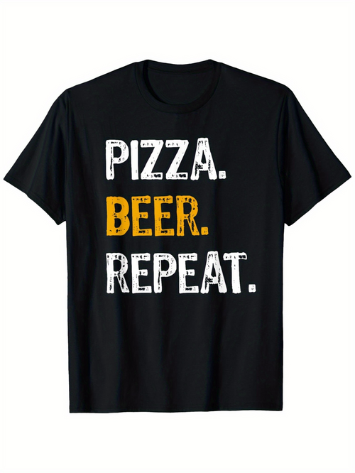 Men's Graphic T-Shirt Pizza Beer Repeat Bold Statement With Contrasting Blocky White Yellow Letters