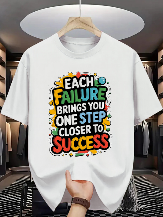 Men's Graphic T-Shirt Each Failure Brings You One Step Closer To Success Colorful Motivational Quote Surrounded By Doodle Shapes White T Shirt