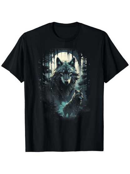 Men's Graphic T-Shirt Moonlit Forest With Majestic Alpha Wolf Standing Among Trees Wolf