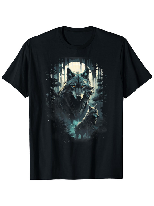 Men's Graphic T-Shirt Moonlit Forest With Majestic Alpha Wolf Standing Among Trees Wolf