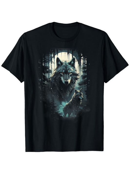 Men's Graphic T-Shirt Moonlit Forest With Majestic Alpha Wolf Standing Among Trees Wolf