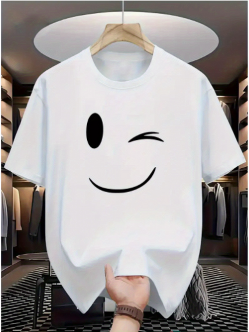 Men's Graphic T-Shirt Cheerful Minimal Line Art Winking Face White T Shirt