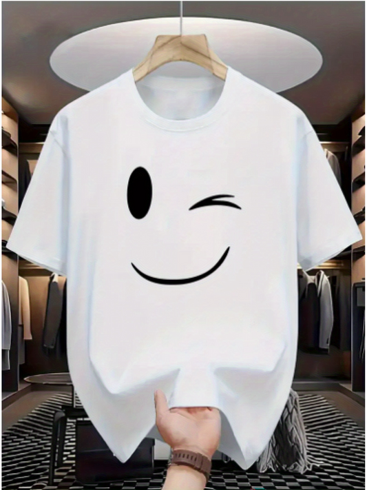 Men's Graphic T-Shirt Cheerful Minimal Line Art Winking Face White T Shirt