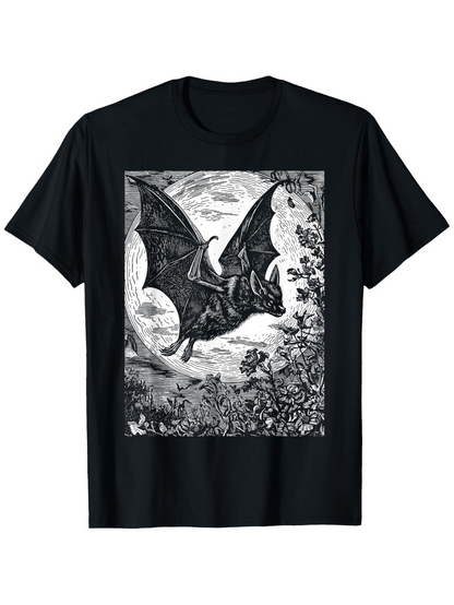 Men's Graphic T-Shirt Vintage Illustration With Moonlight Shadows And Soaring Winged Creature Bat