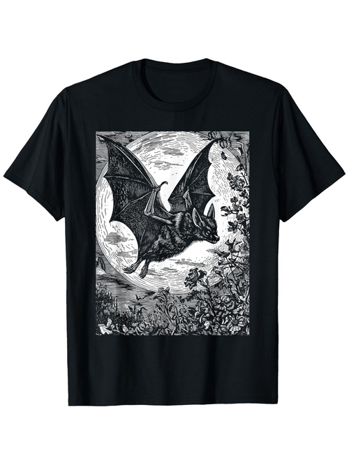 Men's Graphic T-Shirt Vintage Illustration With Moonlight Shadows And Soaring Winged Creature Bat