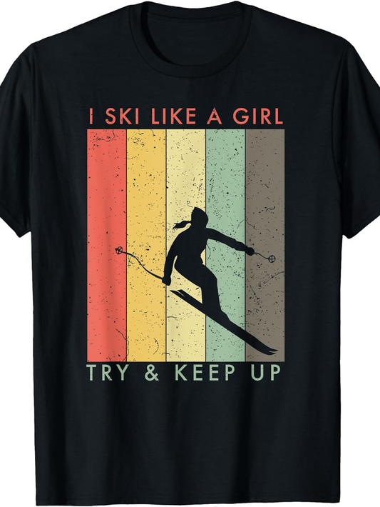 Men's Graphic T-Shirt I Ski Like A Girl Vintage Color Stripes Featuring Retro Skiing Silhouette