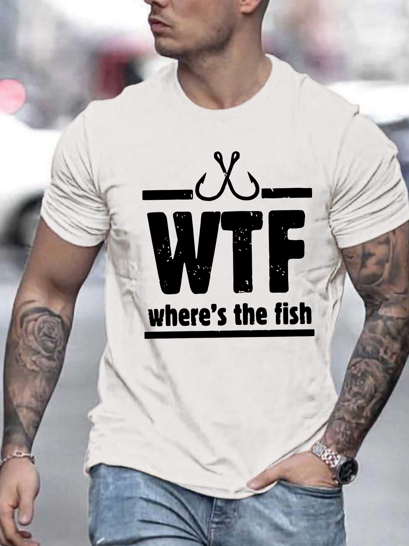 Men's Graphic T-Shirt WTF Where Is The Fish Vintage Hook Graphic Fishing Shirt