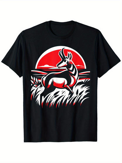 Men's Graphic T-Shirt Red Sunset Grass With Strong Silhouette Of Majestic Standing Antelope