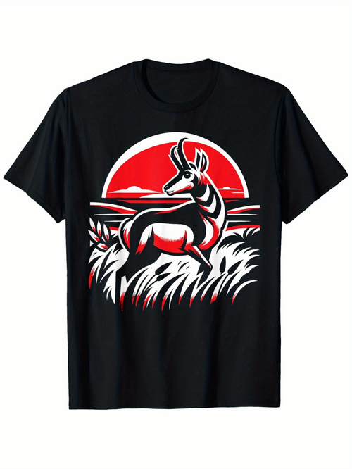 Men's Graphic T-Shirt Red Sunset Grass With Strong Silhouette Of Majestic Standing Antelope