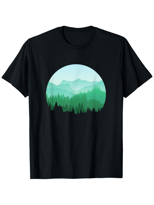 Men's Graphic T-Shirt Evergreen Pine Trees Over Rolling Blue Mountain Landscape
