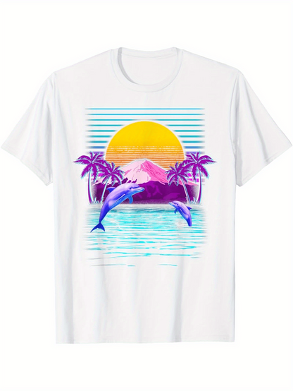Men's Graphic T-Shirt Tropical Sunrise With Palm Trees Leaping Dolphins And Calm Ocean Water
