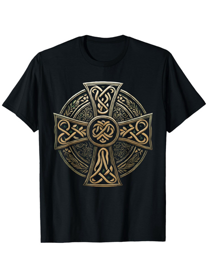 Men's Graphic T-Shirt Intricate Golden Celtic Patterns Centered Around Ancient Cross