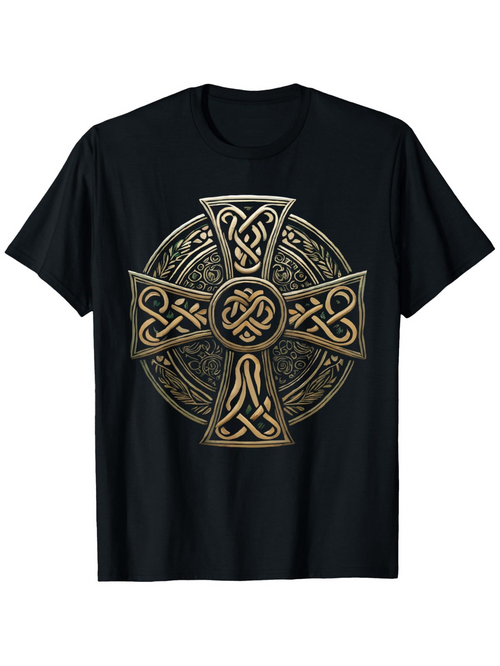 Men's Graphic T-Shirt Intricate Golden Celtic Patterns Centered Around Ancient Cross