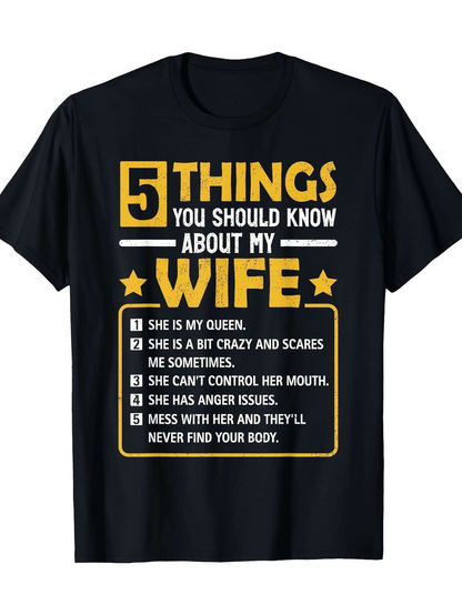 Men's Graphic T-Shirt Five Things You Should Know Bold Yellow Funny Quote Wife
