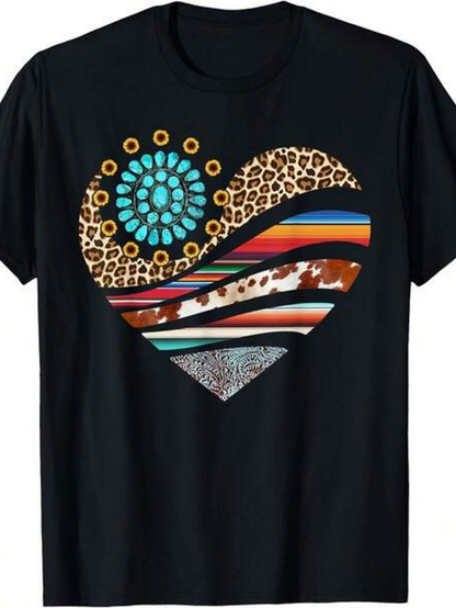 Men's Graphic T-Shirt Eclectic Colorful Striped Heart With Leopard Print Accents On Black Shirt Heart