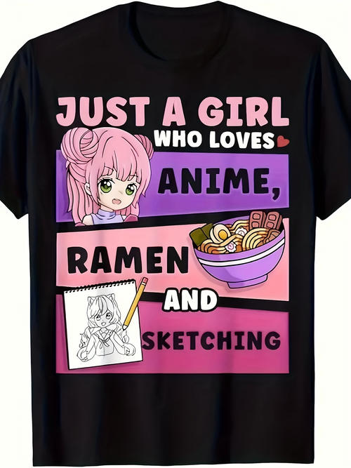 Men's Graphic T-Shirt Just A Girl Who Loves Anime Ramen And Sketching With Pink Hair Bowl And Drawing
