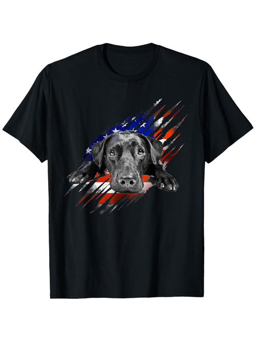 Men's Graphic T-Shirt American Flag With Scratched Paint And Realistic Labrador Retriever Dog