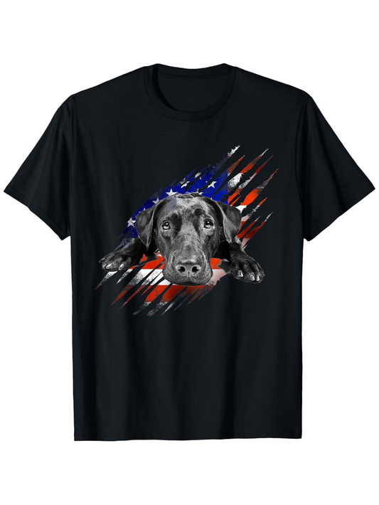 Men's Graphic T-Shirt American Flag With Scratched Paint And Realistic Labrador Retriever Dog