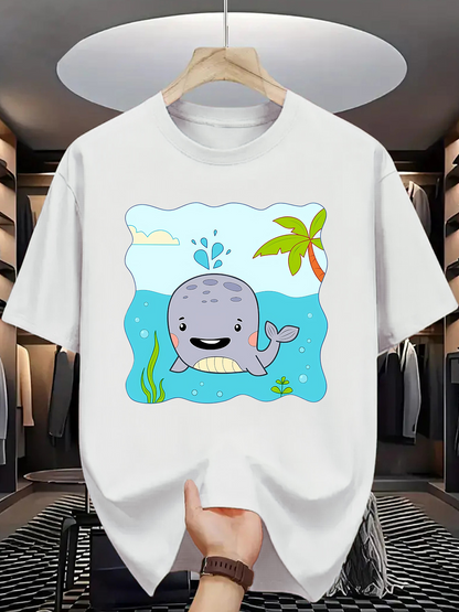 Men's Graphic T-Shirt Cartoon Grey Whale Smiling Among Blue Ocean Waves With Palm Tree