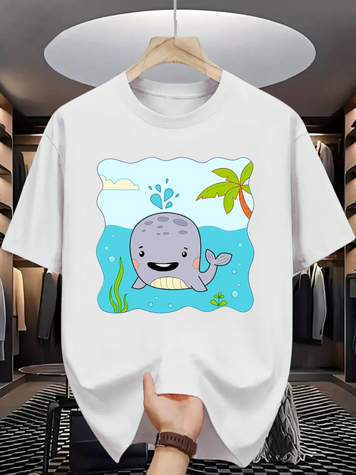 Men's Graphic T-Shirt Cartoon Grey Whale Smiling Among Blue Ocean Waves With Palm Tree