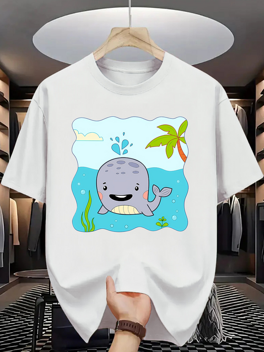 Men's Graphic T-Shirt Cartoon Grey Whale Smiling Among Blue Ocean Waves With Palm Tree