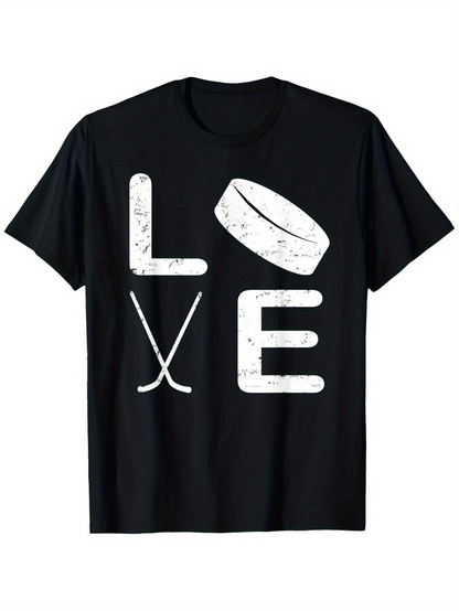 Men's Graphic T-Shirt Love With Hockey Puck And Crossed Sticks Among Bold Letters