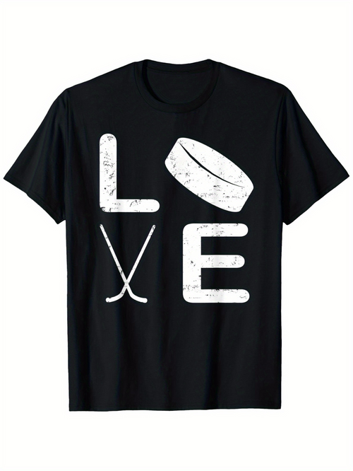 Men's Graphic T-Shirt Love With Hockey Puck And Crossed Sticks Among Bold Letters