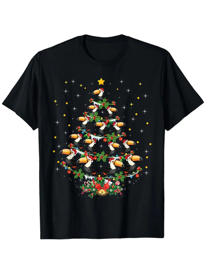 Men's Graphic T-Shirt Whimsical Toucans Perched Among Festive Christmas Tree Lights