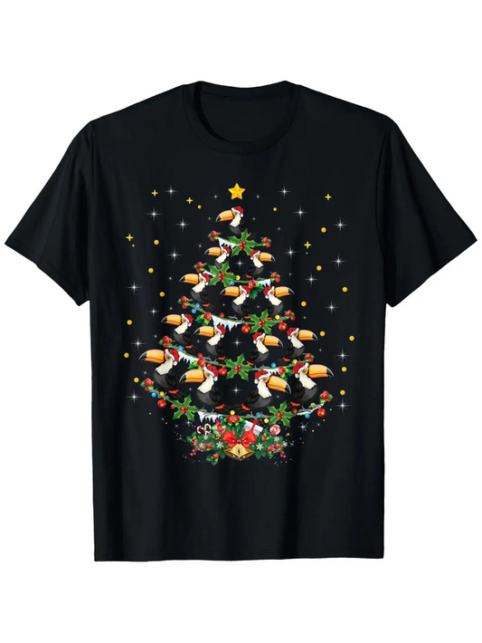 Men's Graphic T-Shirt Whimsical Toucans Perched Among Festive Christmas Tree Lights