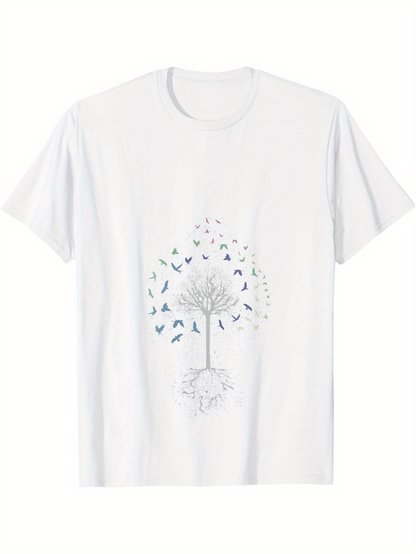 Men's Graphic T-Shirt Delicate Tree Surrounded By Flying Birds In Gentle Motion Tree
