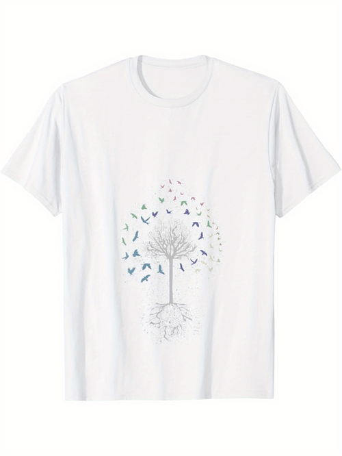 Men's Graphic T-Shirt Delicate Tree Surrounded By Flying Birds In Gentle Motion Tree