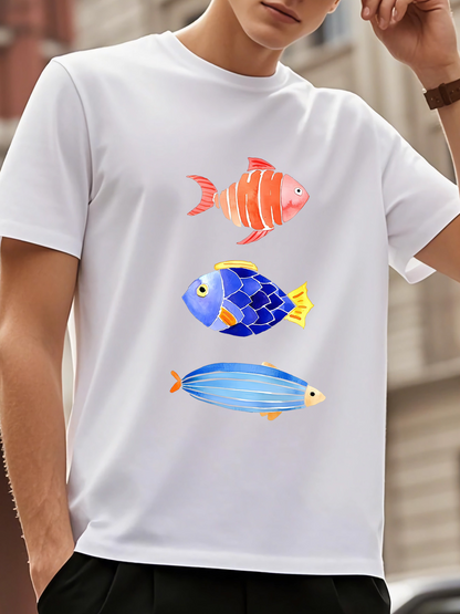 Men's Graphic T-Shirt Playful Watercolor Stripes With Vibrant Colorful Ocean Fish