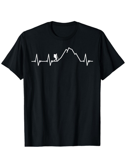 Men's Graphic T-Shirt Heartbeat Line With Hiker Walking Mountain Peaks Under Sky